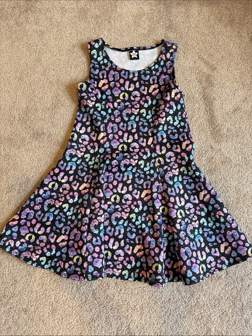 Girls' Black Sleeveless Dress with Rainbow Leopard Print